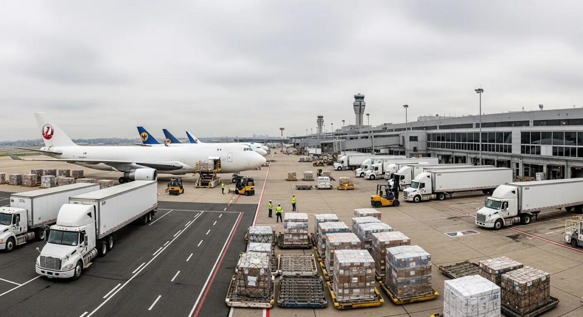 JFK Airport cargo area with trucks and air freight operations