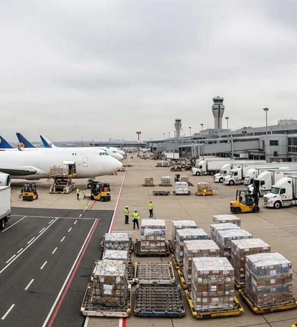 JFK Airport cargo area with trucks and air freight operations