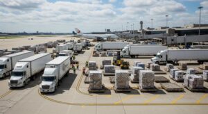 JFK airport cargo area with trucks and freight operations